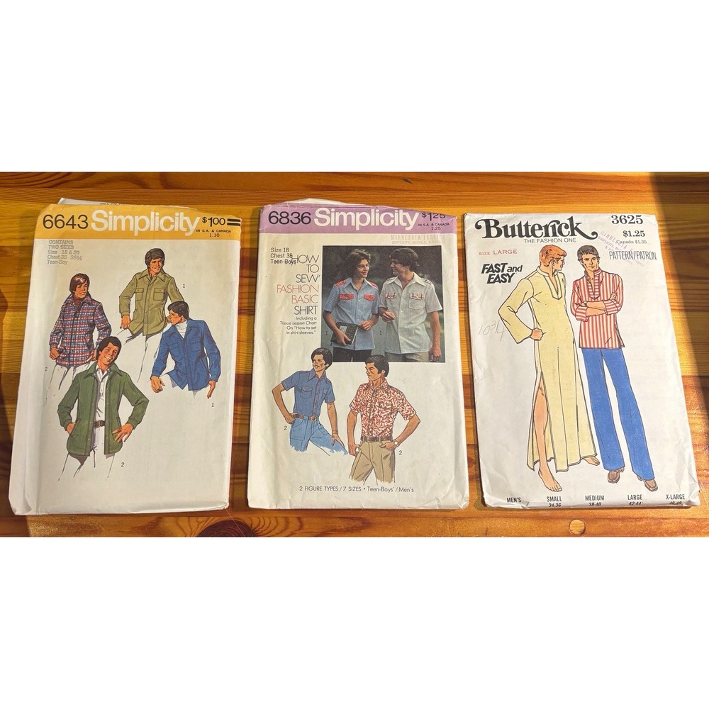 Lot of 3 Vintage 1970s Men's & Teen-Boys' Sewing Patterns Simplicity & Butterick